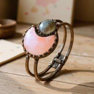 🆕 Pink Rose Quartz & Labradorite Moon Natural Stone Bangle Cuff Bracelet 🌈✨